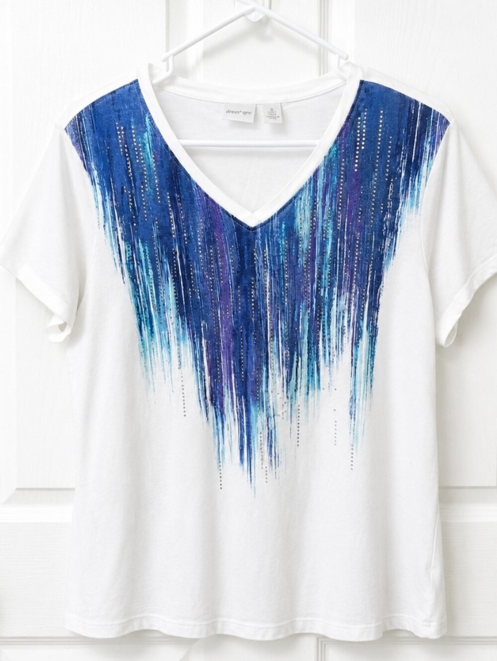 Zenergy By Chicos White Rhinestone Embellished Abstract Art Tee Sz 2 (Lg)
